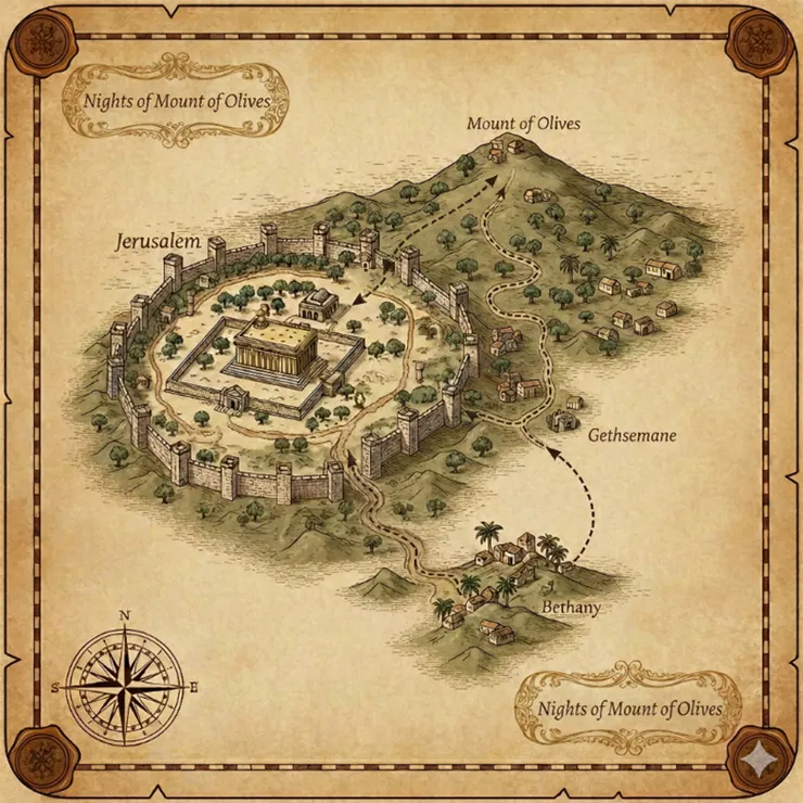 耶路撒冷、橄欖山、伯大尼及客希馬尼園相對位置關係示意圖