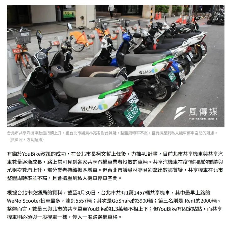 共享機車數量在該報導時已趨近Ubike