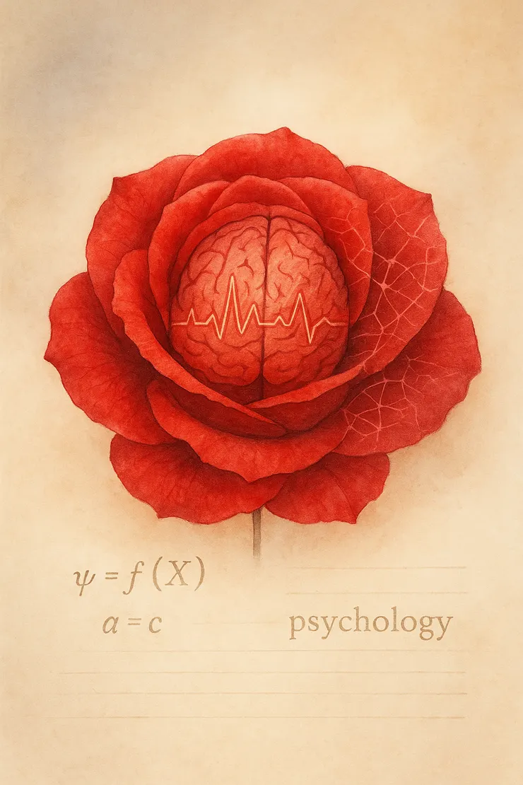 「紅玫瑰的花心中浮現大腦輪廓，花瓣間閃爍著心跳曲線與神經網絡。浪漫的外形，象徵著愛的悸動；科學的符號，揭示心理學裡的情感機制。愛之所以動人，正因它同時屬於理性與心靈。」〈本圖由AI協助生成。〉