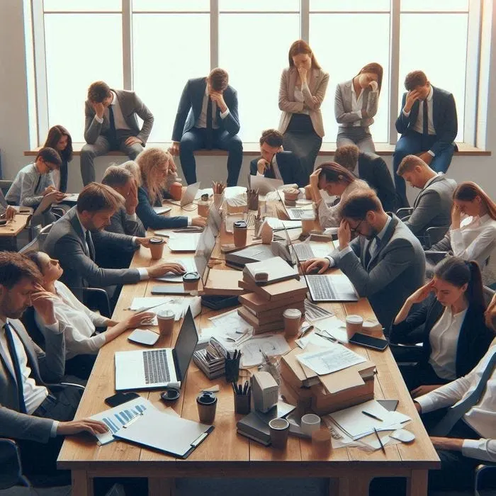 現代資本主義社會中,每個人不再受外在權力的壓迫,而是自我驅使去進行過度的勞動,而進入一種「自我剝削」的狀態。由 DALLE-3 生成。