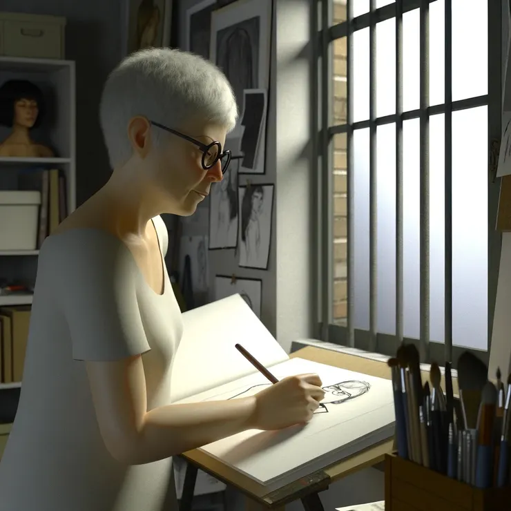 Her glasses, a prominent feature in the image, can symbolize her vision and perspective, which in the narrative are focused inward to her imaginative escapes through her art.