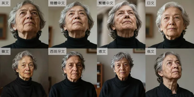 Prompt: 一位身穿黑色高領毛衣的年長女學者的特寫肖像。以極端低角度從下方仰望拍攝。高紋理細節，景深很淺。