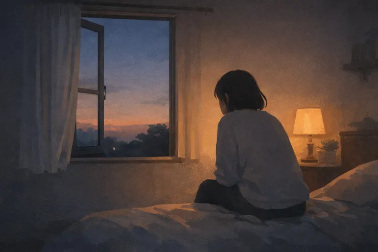 黃昏的房間一角，窗戶半開，背影微微前傾坐著。