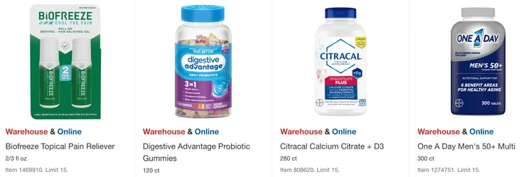 左起折扣後價格：止痛劑 $14.99、益生菌 $20.99、鈣＋D3 $15.99、50歲以上男性綜合維他命 $20.99。