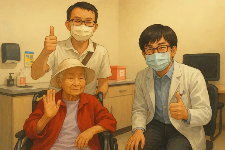 我媽媽出院後與蔡泉財醫師合照的AI生成圖