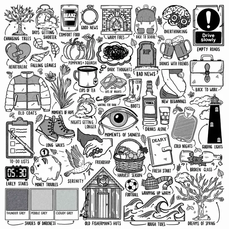 【深秋變奏曲Autumn Variations】專輯封面用一堆生活的小雜事組合而成