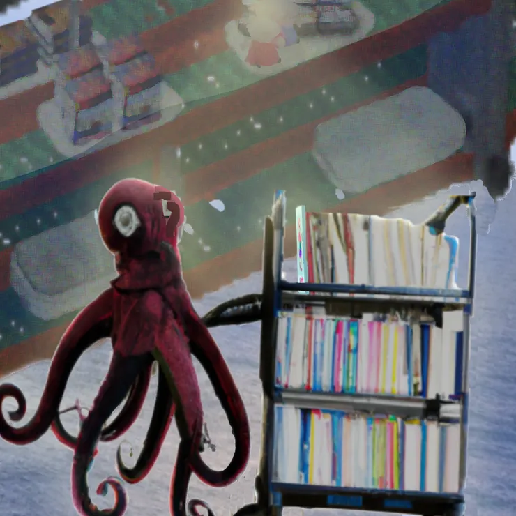 小繪待在三層書車上，而章魚般的觸手正準備抓起她。