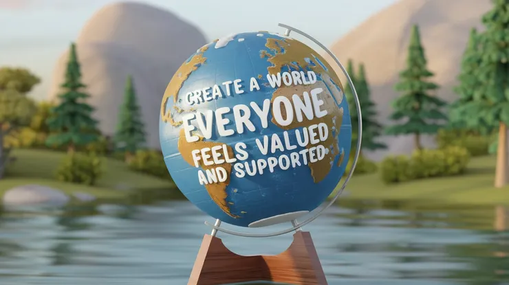 A 3D render of a globe with the text "create a world where everyone feels valued and supported". The text is in a modern, sans-serif font and is placed in the mid-center of the image. The globe is placed on a wooden stand. The background is a serene landscape with mountains, trees, and a body of water.