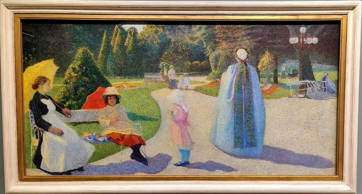 【比利時印象派畫家 喬治·莫蘭（Georges Morren） ：《和諧（公共花園）》（À l'Harmonie (Jardin public)），採用了點彩畫法（Pointillism）或分離主義（Divisionism）的技法，用微小的純色點組成圖像，從遠處看時，這些色點會在視覺上融合。】