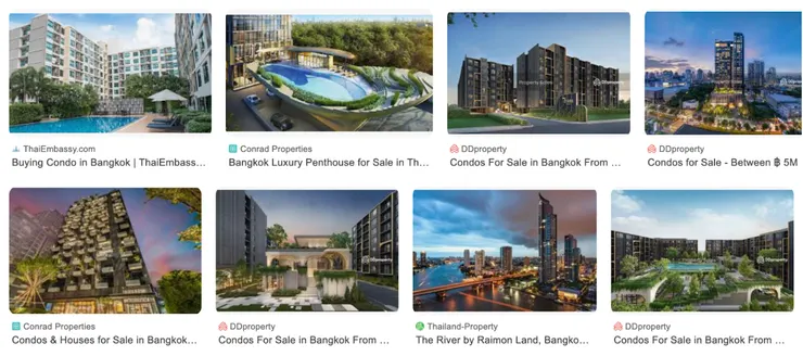 在搜尋引擎使用「泰國買房」關鍵字出現各種可供外國買家挑選的高級公寓大樓（圖片來源：Google 圖片搜尋）