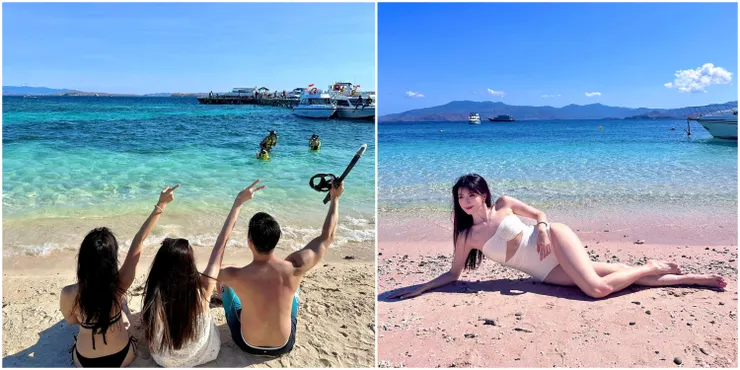 無修圖無濾鏡，真的六個點裡面的每個海灘都美翻，而且人不多不會擁擠。右圖：粉紅沙灘因為是珊瑚礁碎片跟細白沙結合，所以其實蠻刺的。現場看就是有點粉粉的，正中午會偏紅，網路上太粉的顏色應該都有修圖😉（Astrid Chang提供）