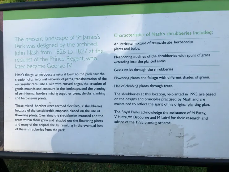 目前St. James's Park造景（landscape），和十九世紀建築師John Nash有密切關係