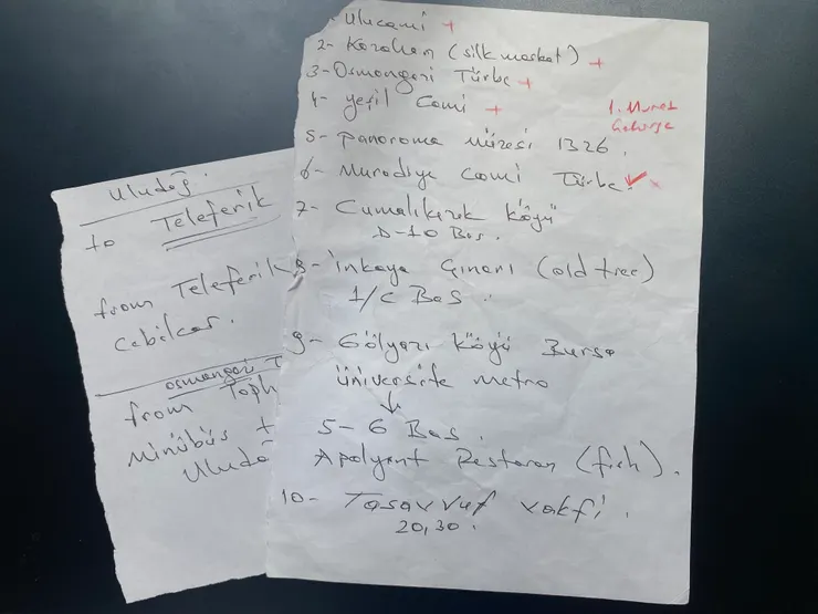 Ahmet老師手寫Bursa景點,超級用心,但有些字母很難辨認,我們還在那邊猜了半天
