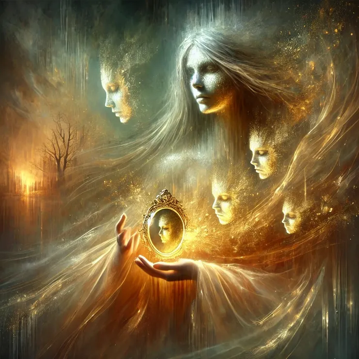 The traveler's face was hidden beneath layers of dust, their gaze heavy with unspoken pain. Without a word, Jane reached into the folds of her flowing garments and revealed a small golden mirror, its surface shimmering like molten sunlight.