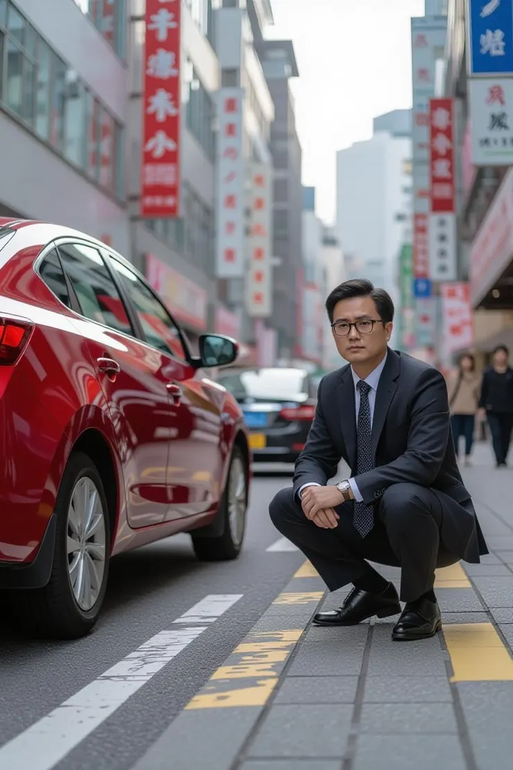 一位中年上班族蹲在爆胎的車旁,象徵失去收入來源的不安