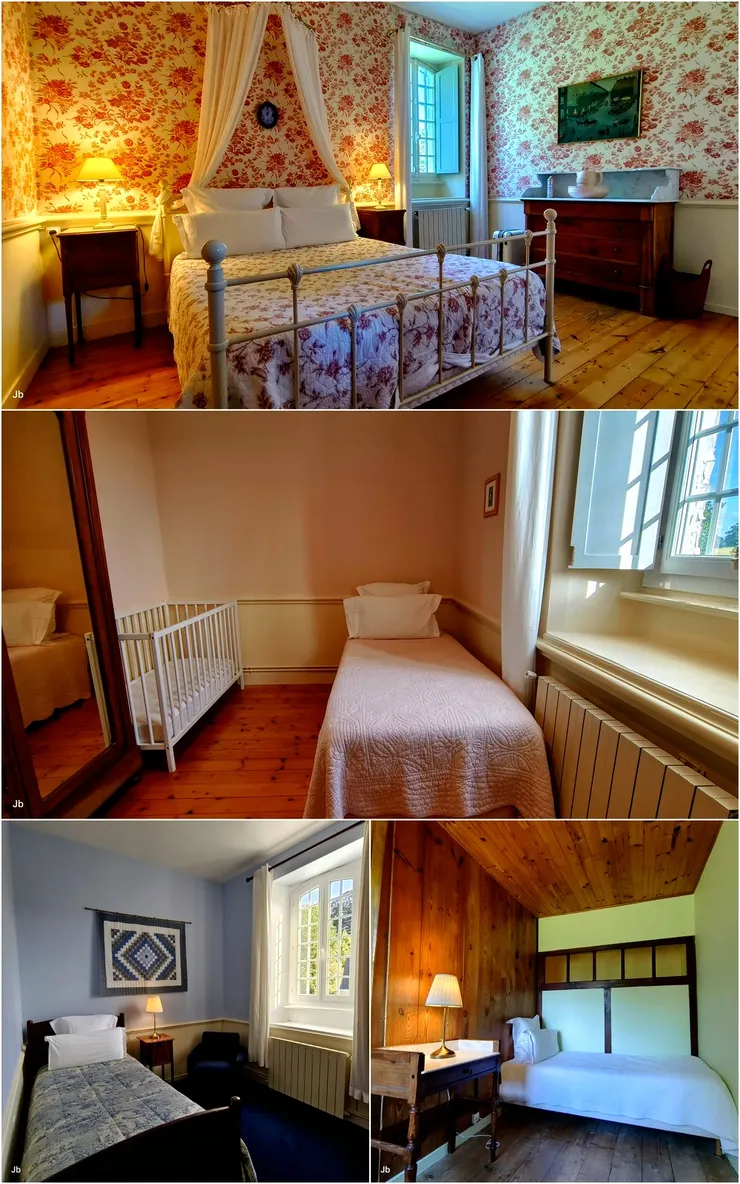 【二樓有大衛浴室及4間房，最多應可住5個成人及一個小貝比。上圖：有張雙人床的主臥，餘為3間單人房，其中一間還擺了張嬰兒床。】