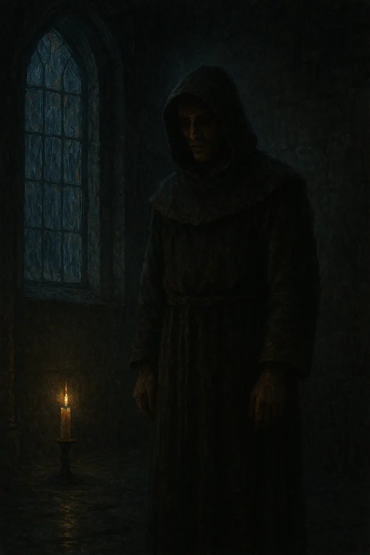 昏暗角落的假修士站立,陰影與雨水映出神秘孤獨。〈本章節插圖示意圖由AI協助生成。〉