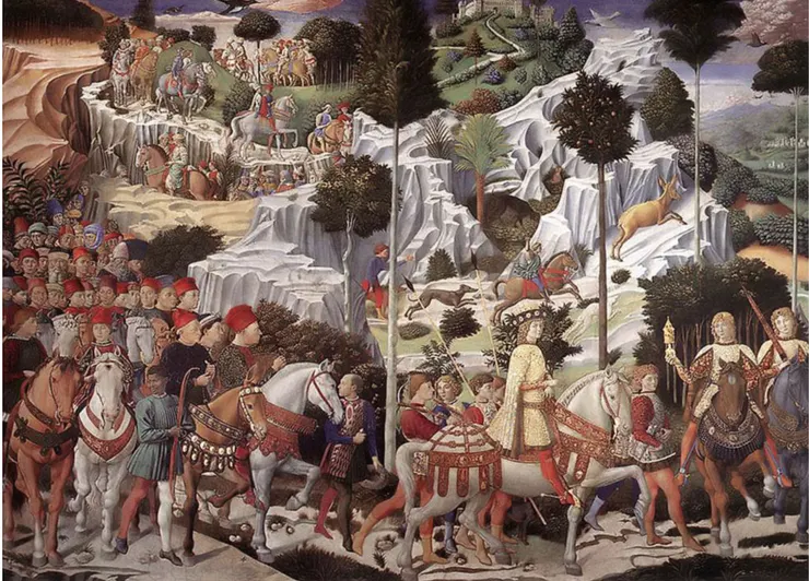 《賢士伯利恆之旅》將梅迪奇家族成員融入聖經故事;梅迪奇家族三位成員後方,有多位政治及文化圈要角,濕壁畫用以彰顯其家族的崇高地位