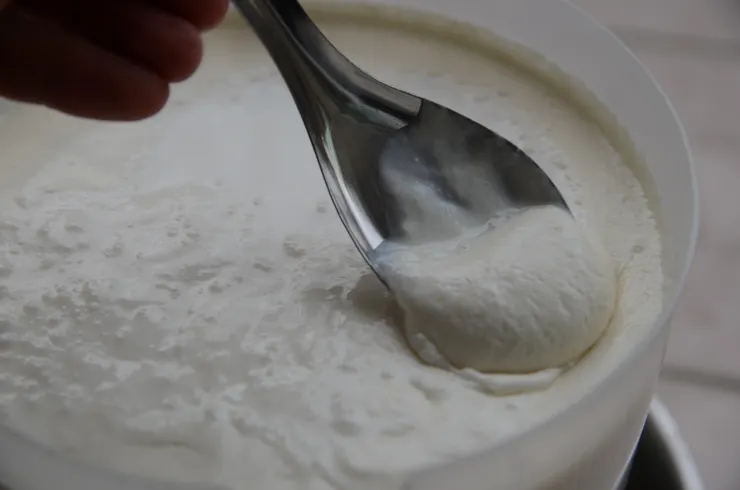 6公升尚未滅菌的冷凍鮮奶，經過18個小時的靜置與發酵，果然在牛奶表面結出了一層厚厚的白色乳花(乳脂)。這就是最初步的奶油型態，也是最原始提取奶油的方式，類似今天的酸奶油，也是我們復刻古人冰淇淋的原料：酥。