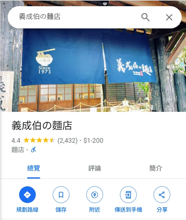 義成伯の麵店位於Google上的評論