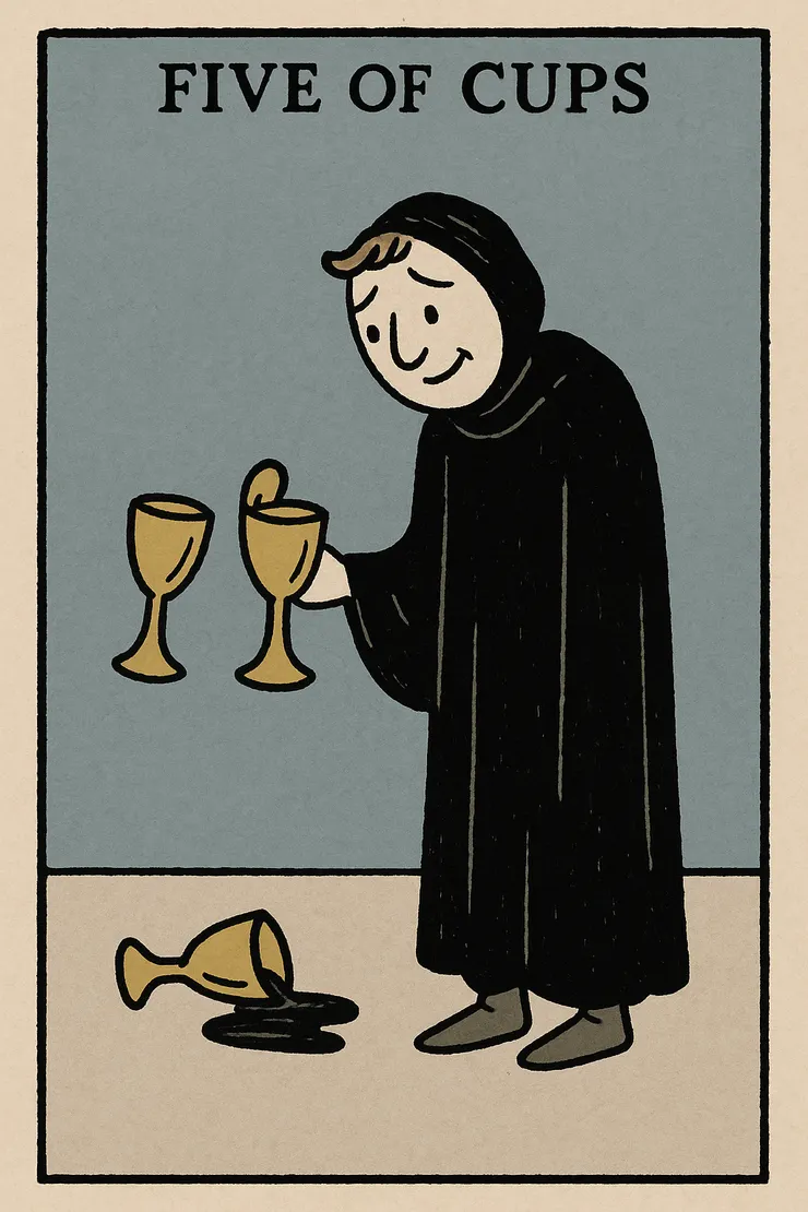 AI 又少畫了2個杯子，但這張超可愛！悲傷中的笑容可以是苦笑，也可以是對錯誤的寬容一笑。