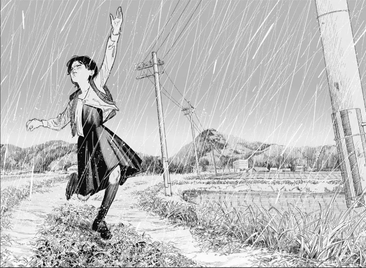 藤野在雨中跳著奇怪步伐