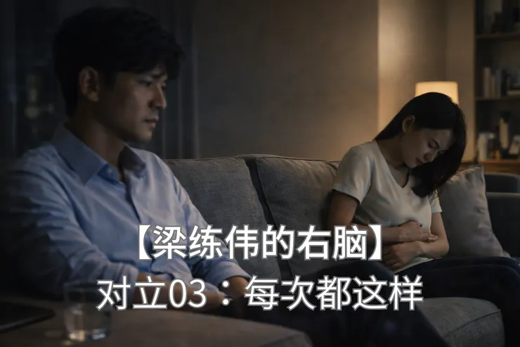 梁练伟坐在沙发一侧看着对面腹痛的白小姐