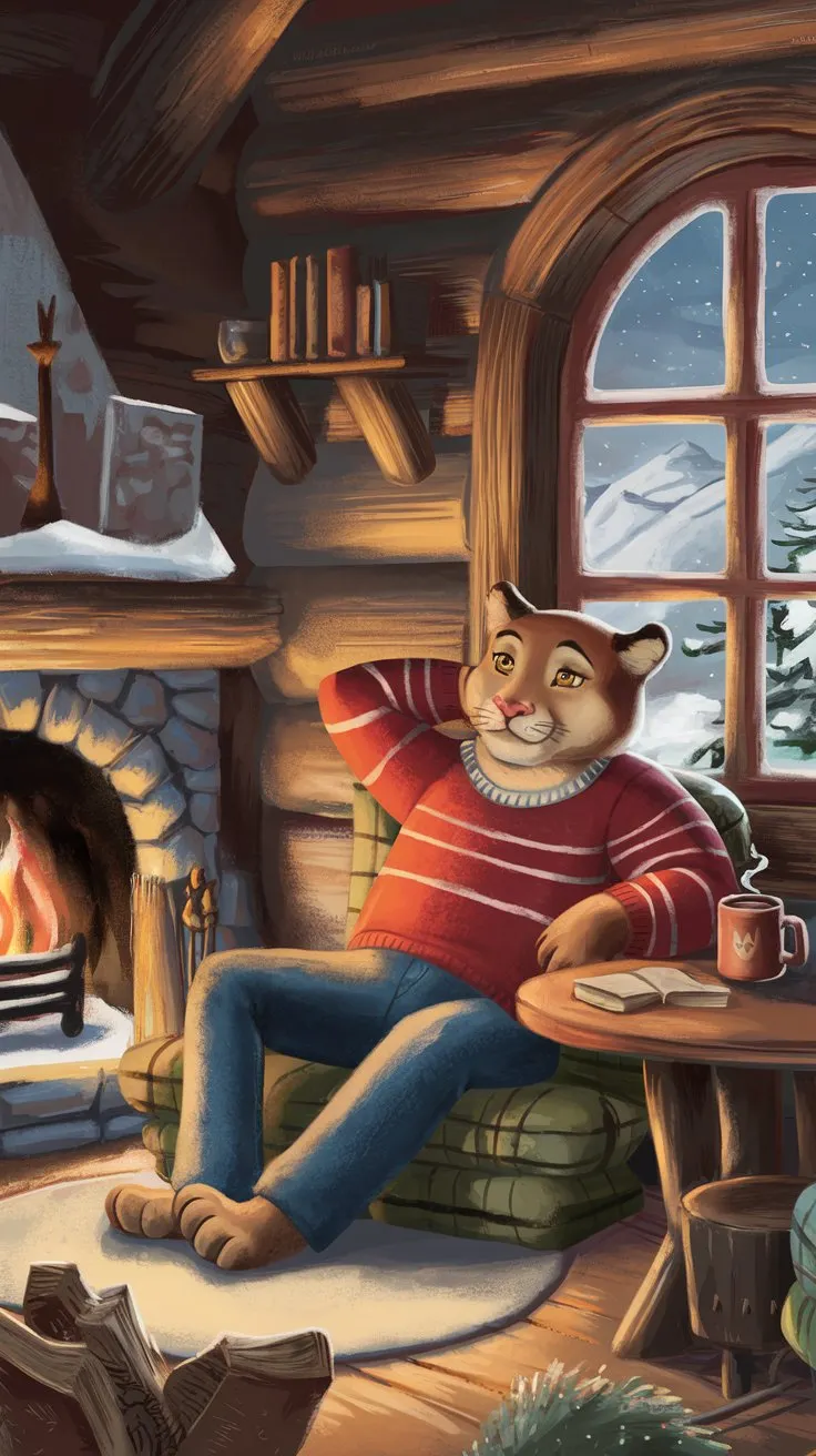 A charming and warm digital illustration of a cougar relaxing in a cozy log cabin in the mountains