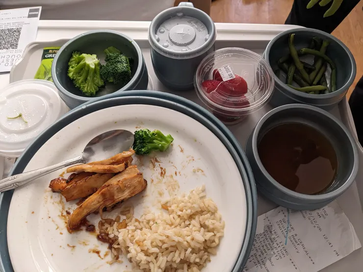 自組月子餐：糙米飯、照燒雞胸肉、燙花菜、燙四季豆、牛肉清湯、草莓