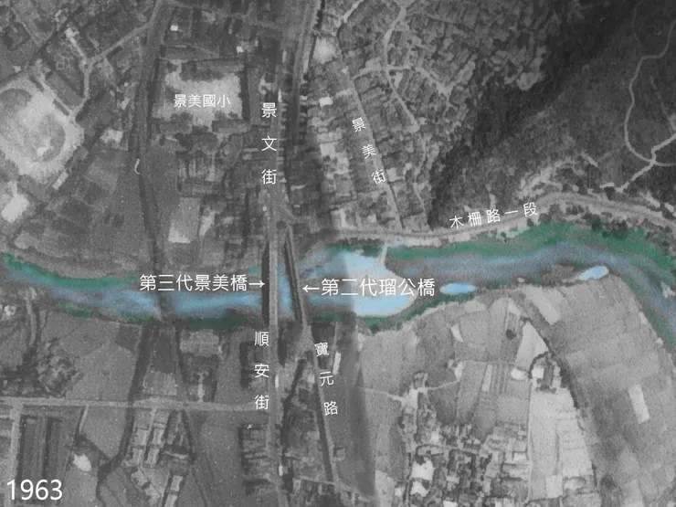 1963年航照圖。仍可見到第二代瑠公橋和第三代景美橋並存。1964年瑠公橋便拆除了
