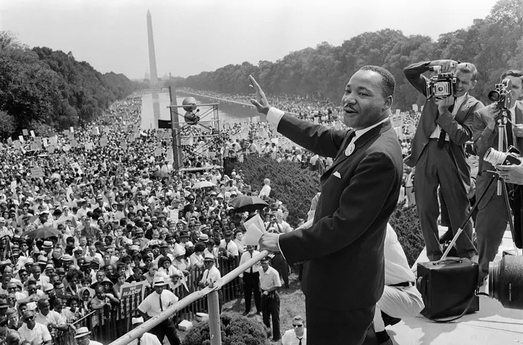 King gave his most famous speech, "I Have a Dream", before the Lincoln Memorial during the 1963 March on Washington for Jobs and Freedom.