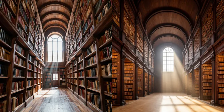Prompt: A symmetrical interior photograph of a massive, historic library hall. Towering wooden bookshelves packed with old books line both walls, creating leading lines that draw the eye down a long central aisle to a large arched window at the far end. Natural light beams (god rays) stream through the window, illuminating dust motes in the air. Wide-angle lens, deep focus. (左：Z-Image-Turbo 右：FLUX-2 [dev])