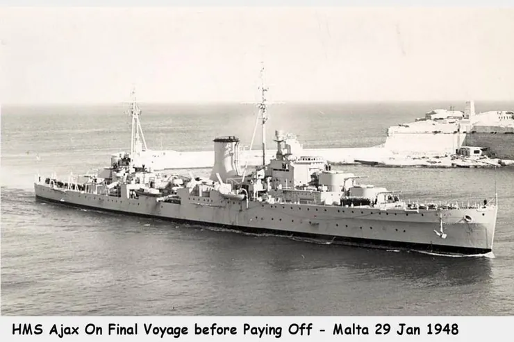 阿賈克斯號於1946年4月加入地中海艦隊第一巡洋艦中隊，並於1948年1月29日抵達馬爾他。2月16日在查塔姆航行。