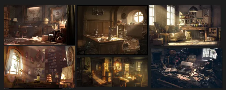 整體空間的氛圍光,我嘗試找一些辦公室相關、有體積光的參考圖為主