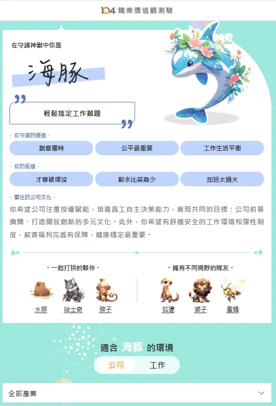可以看到適合你神獸(價值觀類型,也可以探索相關的公司、工作)
