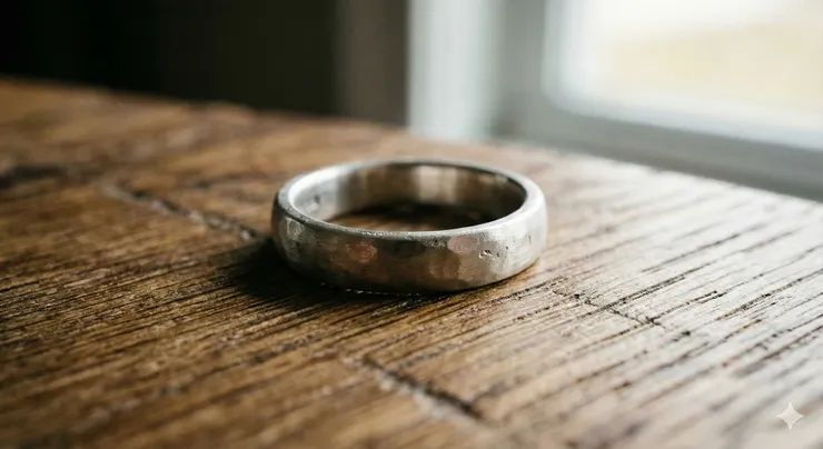 銀色戒指+木質桌面+近拍+高質感商品攝影