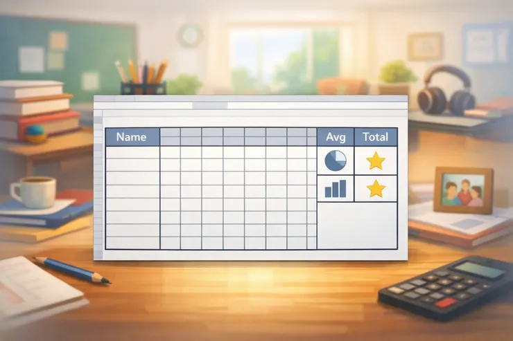 一張可以長期重複使用的成績表結構：固定資訊、成績模組、計算結果分區清楚。