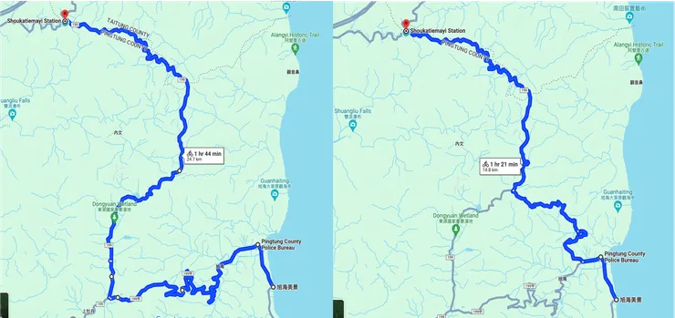 旭海-壽卡,(左)實際騎的路線、(右)導航建議的路線。