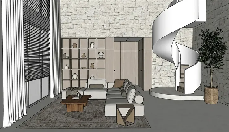 Basic SketchUp living room model before AI rendering.