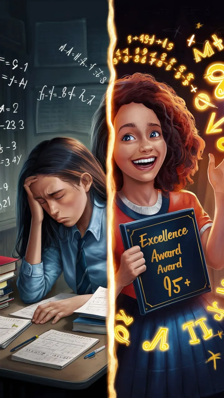 :  “A split-image illustration. On the left side, a student girl looks tired and overwhelmed, staring at math equations and exams, symbolizing struggles from the first semester. On the right side, the same girl is happy and confident, holding a diploma with ‘Excellence Award 95+’ written on it. Around her, there are glowing math symbols and equations, representing her success in mathematics. The background transitions from a dull classroom on the left to a bright, inspiring setting on the right.”