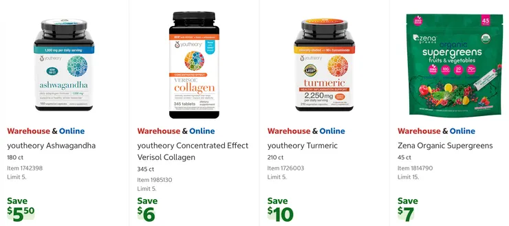 南非醉茄 $20.49、膠原蛋白 $23.99、薑黃 $33.99、有機超級綠色水果蔬菜粉 $32.99。