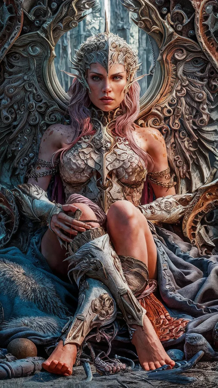 **Enhanced Description**: This awe-inspiring meticulously detailed, hyperrealist, photorealist, vibrant, technical painting with sharp detail in the foreground, masterfully lettered by Tomelee, the artist expertly blends the styles of Norman Rockwell, Steve Hanks, Dungeons & Dragons, Gustave Courbet, Steve Hanks, Moebius, Boris Vallejo, Jen Christensen, N.C. Wyeth, Bruce Brenneise, Dave Seeley, John William Waterhouse, and Frank Frazetta. The painting captures a close-up of a formidable female figure seated from the mid-torso upward, exuding a striking presence with her intense, pensive gaze. Rendered in hyperrealistic detail, her dark, flowing hair cascades thickly around her shoulders and back, each strand crafted with precision, reflecting the soft light that brings warmth to her otherwise shadowed expression. A headband, adorned with intricate designs that hint at ancient or tribal significance, rests on her forehead, framing her serious and almost contemplative expression. Her powerful gaze, directed slightly downward, creates an atmosphere charged with solemnity and focus, suggesting a woman deeply rooted in purpose and mystery. Her physique is portrayed with incredible realism and skill, emphasizing her strength and resilience through muscular, defined arms and a well-toned torso. Her clothing is ornate, layered with elements that blend warrior and tribal motifs. The torso armor combines dark, textured fabric with decorative, metallic elements that glint subtly in the ambient light. Around her waist, a decorated band crafted with circular symbols and rings hints at cultural or spiritual significance, adding a layer of depth to her character. This band is joined by other delicate adornments on her forearms, each metal and fabric piece finely detailed, bearing patterns that evoke ancient craftsmanship and storytelling. In her hands, she holds a long sword, the blade pointed downward and catching soft glints of light along its polished surface. The sword, simple yet powerful, grounds her, serving as an ext