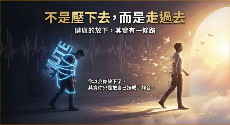 圖說：當我們試圖將痛苦「消音」（MUTE），心理學稱之為「經驗迴避」（Experiential Avoidance），這往往導致心靈的僵化；而真正的放下，是允許自己帶著碎片，走向價值的光。此圖概念源自 ACT 接納與承諾治療的「心理彈性」模型。