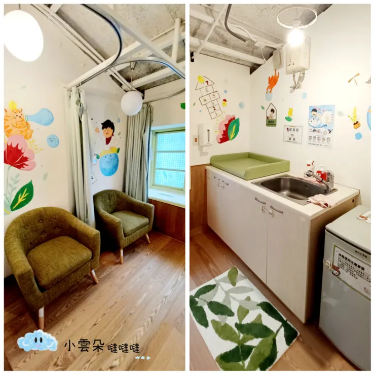 哺乳室有尿布台、洗手台和小冰箱