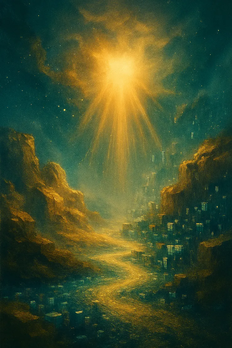 三維世界宛如虛擬遊戲，金色光束代表創造和更高維度