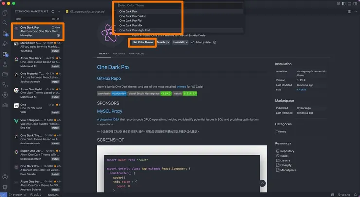 VS Code one dark thenme setting.jpg