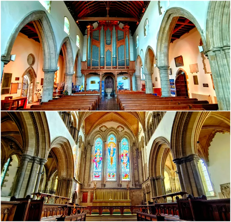 【聖倫納德教堂內部，東西相向的彩色玻璃窗與管風琴。管風琴雖新設於1936年，卻是依15世紀的古老型式製作。】