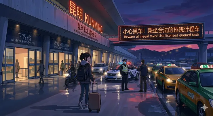 昆明長水機場的懸疑傍晚。電子跑馬燈正閃爍著「小心黑車」的警告。
