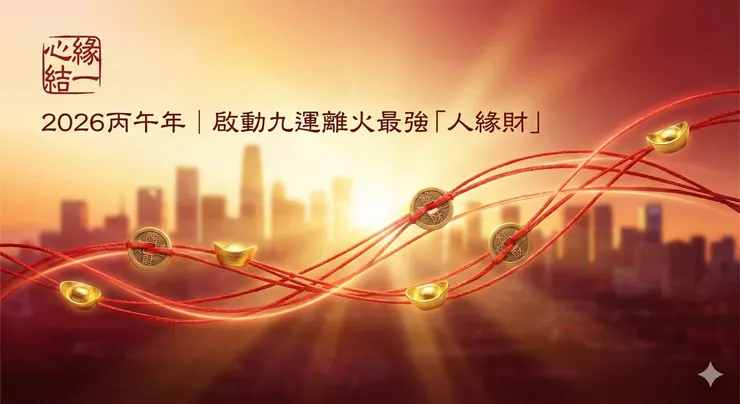 心緣結一2026年桃花開運法術封面，紅線與金幣交織在日出光芒中，象徵九運離火年人緣帶動財運。