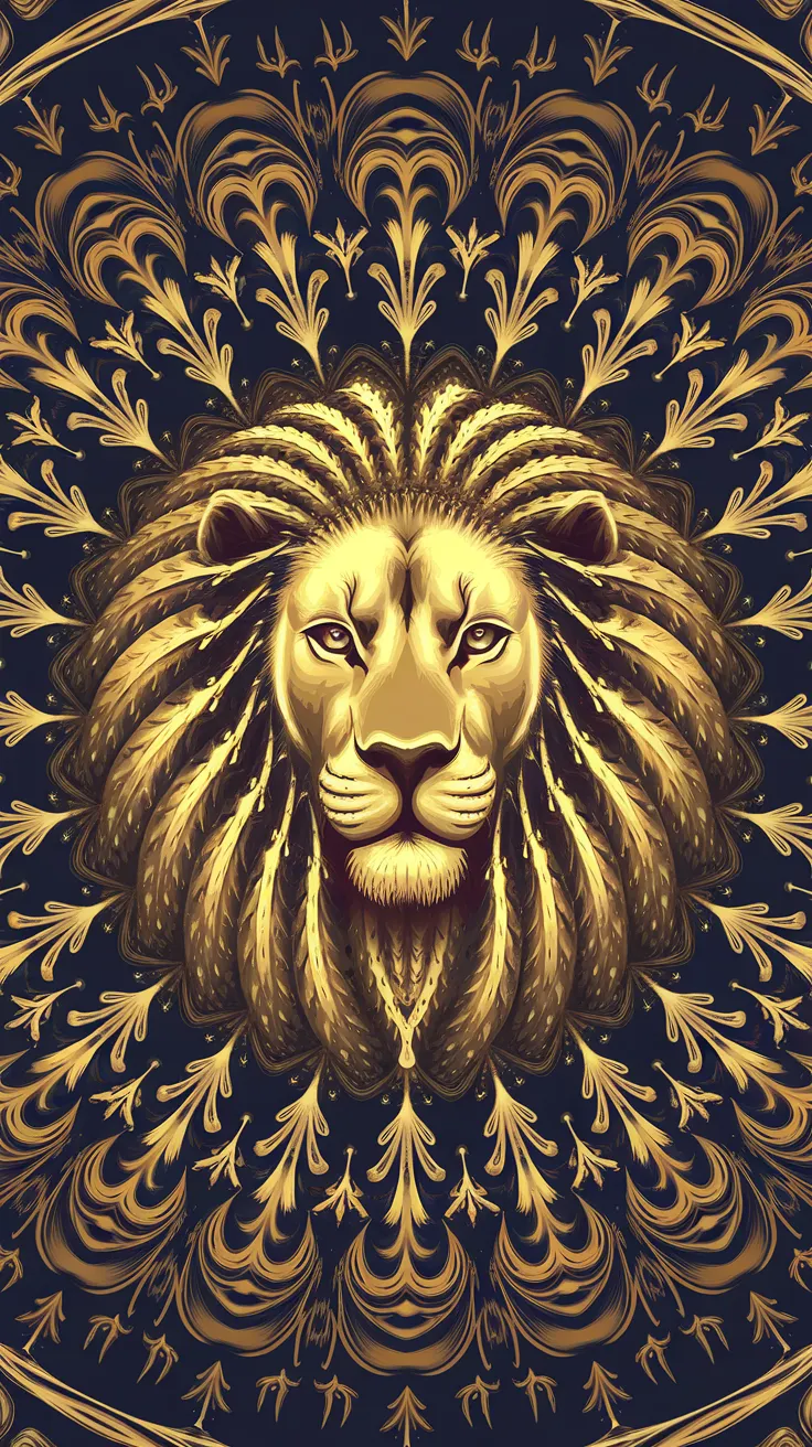 A mandala with a central lion. The lion has a mane that radiates outwards in symmetrical fractal patterns. The mandala is in rich golden and amber tones. The background is a deep blue.